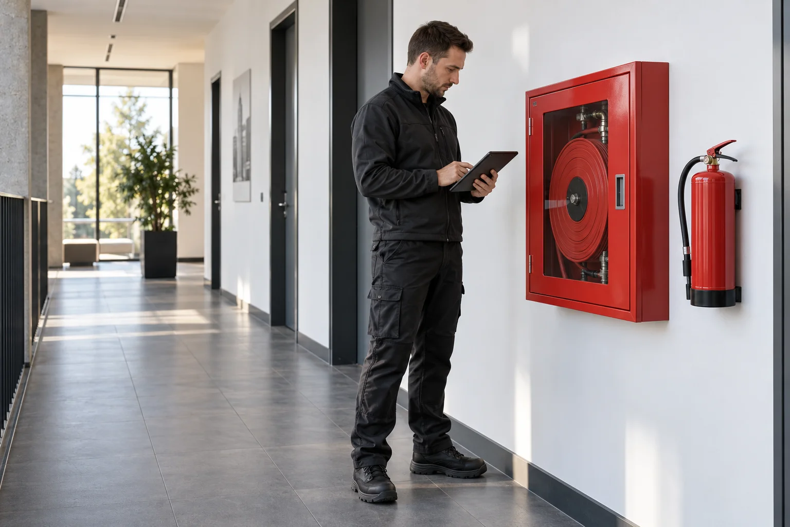 Technik z dokumentacją przy szafce hydrantowej i gaśnicy w budynku